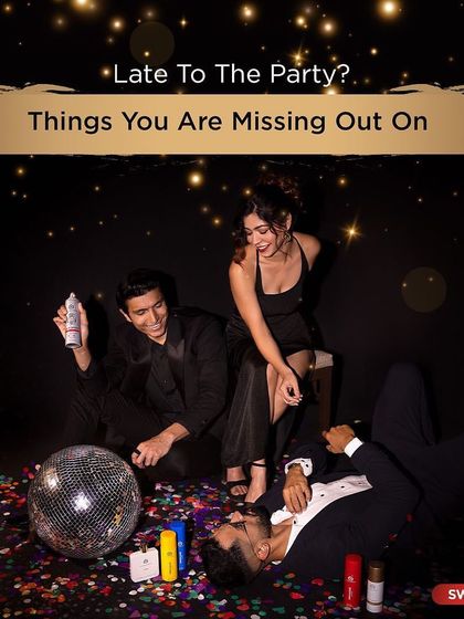 A fun, celebratory shot for The Man Company's "Great Grooming Gala" campaign, featuring models amidst confetti and products.