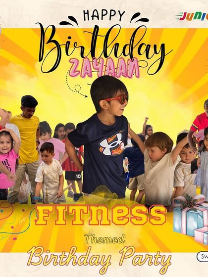 Celebrating Zayaan's fitness-themed birthday party. This custom graphic captures the cool, energetic vibe of his special day.