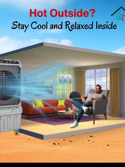 When it gets hot outside, my high-performance air coolers provide powerful, relaxing cooling for your indoor spaces. This graphic illustrates how you can create a comfortable oasis in your home, no matter the weather.