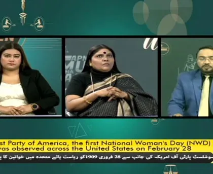 A screenshot from a panel discussion on DD Urdu, where we discussed the history and importance of International Women's Day.