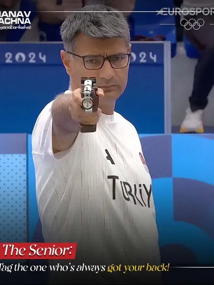 A Friendship Day post celebrating 'The Senior' friend who always has your back, featuring a determined Olympic shooter.