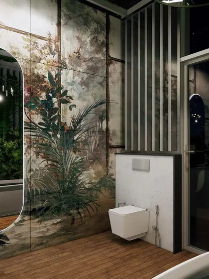 A render of a bathroom that feels like a work of art. The tropical-print wall tiles, freestanding sink, and arched mirror come together to create a bold and immersive design that transports you to another place.