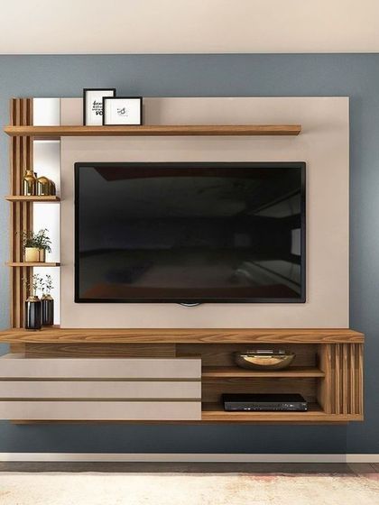 This floating TV unit is a perfect solution for a modern, minimalist space. The design features a clean back panel, asymmetrical wood shelving for display, and closed drawers for concealed storage, blending style with practicality.