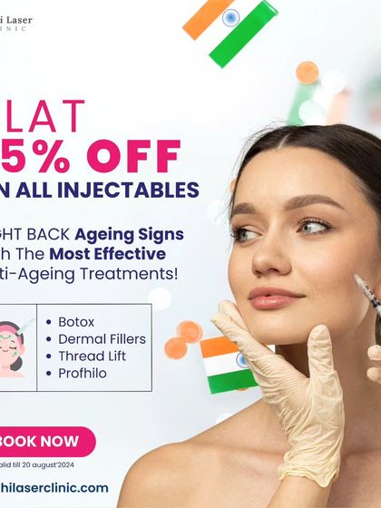 Our Independence Day special offer on injectables. This graphic shows our promotion for treatments like Botox, dermal fillers, and thread lifts to help you fight the signs of ageing.