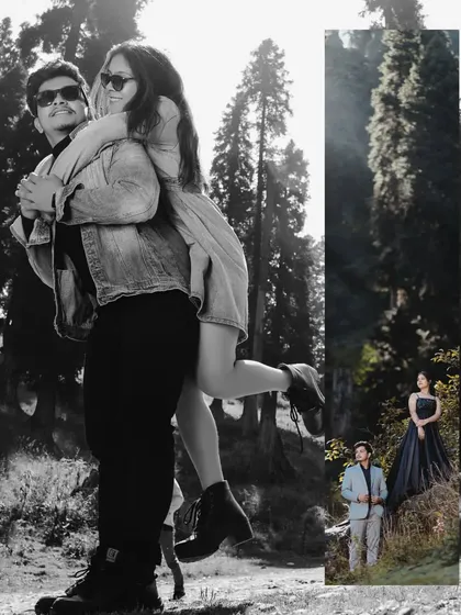 A creative collage blending a black and white photo with a color photo from the same mountain shoot, creating an artistic and dynamic layout.
