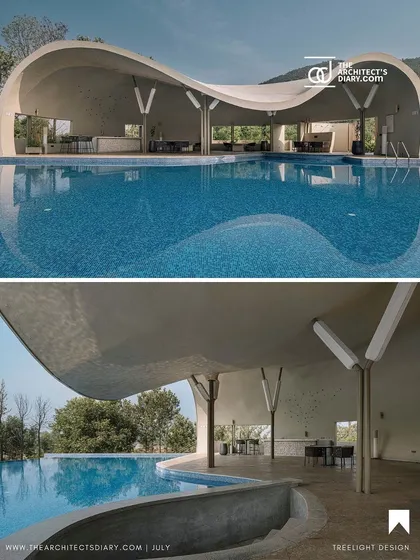 A composite image from The Architect's Diary showing two perspectives of the Aqua Pool & Spa, detailing the relationship between the sweeping roof and the pool area.