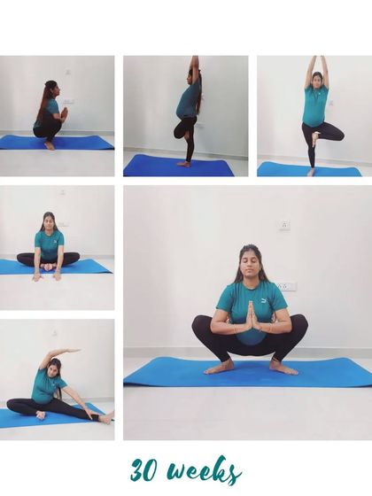 A wonderful variety of poses at 30 weeks, from squats to balancing postures, all adapted for pregnancy.