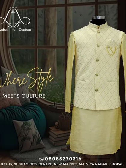 This image showcases a complete kurta and Bandi set in a soft yellow. The jacket has a delicate woven pattern and a small chain accessory, demonstrating how small details can elevate the entire outfit. This is a perfect look for a daytime wedding function or festive celebration.