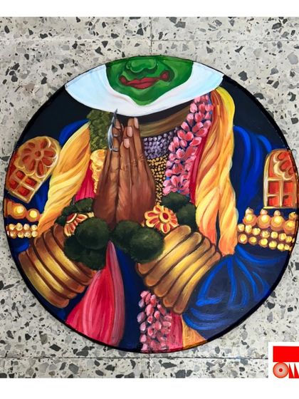 A circular painting symbolizing 'Gratitude' through the Hasta Mudra of a Kathakali dancer. The artwork is a vibrant and symbolic representation of this expressive classical dance form.