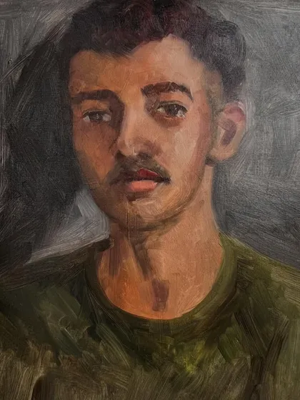 The finished oil on linen portrait of Harsh from a different live session. I focused on the shadow side of the portrait to create more depth and dimension, a continuous learning process in every painting.