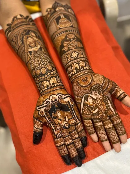 We specialize in telling your unique love story through intricate bridal mehndi. This design features detailed portraits of the couple, wedding rituals, and personalized elements that make it a true masterpiece.