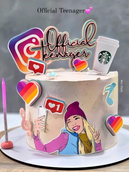 An "Official Teenager" cake perfect for a social media lover, featuring logos, like icons, and a selfie-taking character.