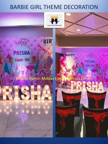 For Prisha's first birthday, I designed this grand "Barbie Girl" theme. The backdrop features a princess castle silhouette, multiple Barbie character cutouts, and the birthday girl's name in large marquee letters.