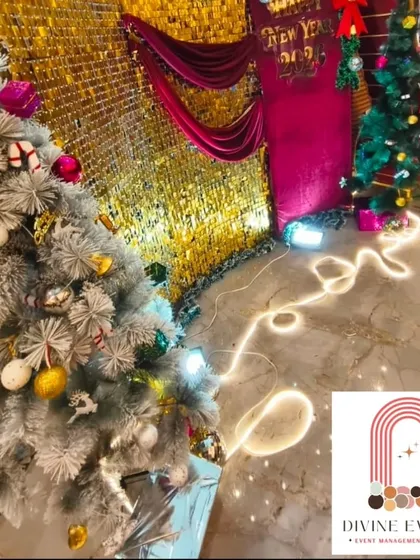 For a high-energy New Year's Eve party, I designed this glamorous setup. The shimmering gold sequin wall, festive Christmas trees, and bright lights created the perfect backdrop for a memorable celebration to welcome the new year.