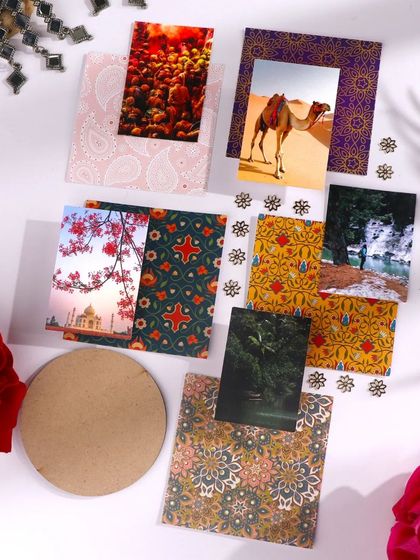 Patterned papers and photo cards with Indian landscapes and motifs from the Indian Aesthetics kit.