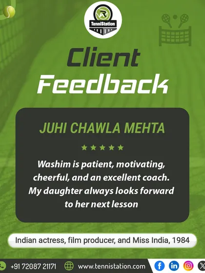We are honored to receive feedback from parents like actress Juhi Chawla Mehta, who trusts us with her daughter's tennis journey. Her words on our patient and motivating coaching style mean the world to us.