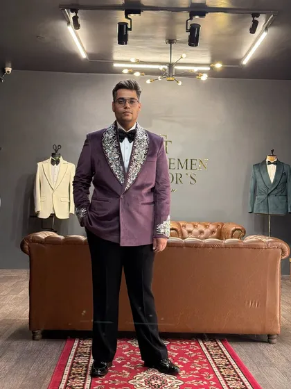 Another look at Mr. Harshit's bespoke embroidered tuxedo, showcasing how our designs are tailored to fit and flatter every client.
