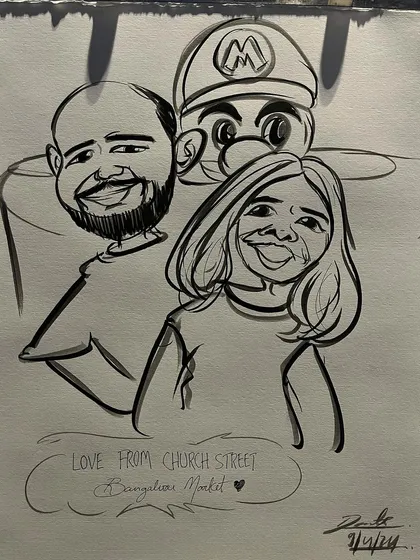This fun couple's portrait includes a surprise appearance from Mario, showing I can incorporate fun themes.