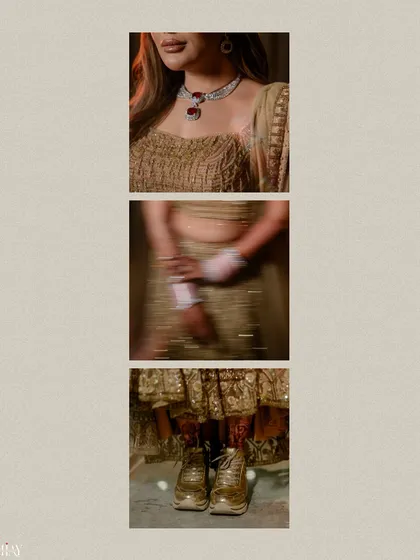 A creative collage focusing on the details of the bride's Sangeet look, from her jewelry to her cool golden sneakers.