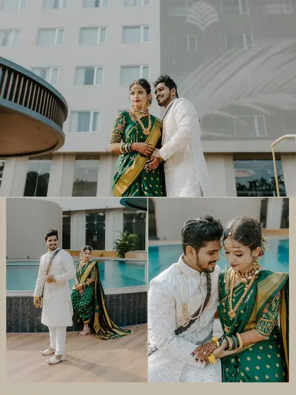 A series of couple portraits taken by the poolside, blending modern architecture with traditional Maharashtrian wedding attire.