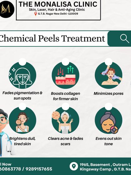 This infographic illustrates the multiple benefits of our chemical peels. The treatment fades pigmentation, boosts collagen, minimizes pores, brightens tired skin, and clears acne and scars.