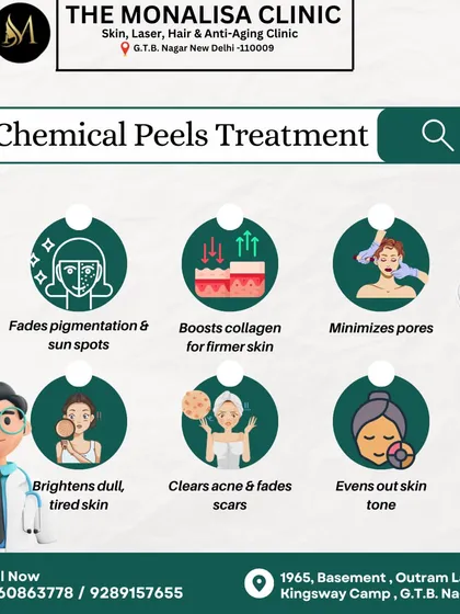 This infographic illustrates the multiple benefits of our chemical peels. The treatment fades pigmentation, boosts collagen, minimizes pores, brightens tired skin, and clears acne and scars.