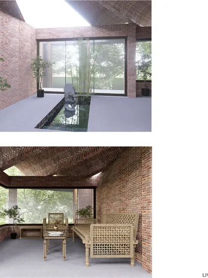 Design proposal for a farmhouse on the outskirts of Bangalore. This concept juxtaposes an orthogonal ground plane with an undulating, vaulted roof, creating interesting volumes and a dynamic play of light within the space.