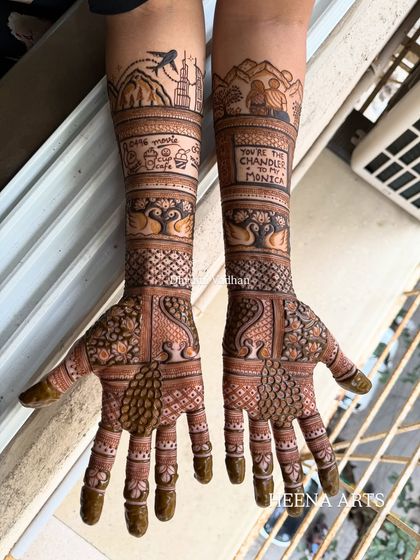 This custom engagement mehendi tells a complete story. It features the New York skyline, a nod to the show 'Friends', and even a cute coffee cup from their first date.