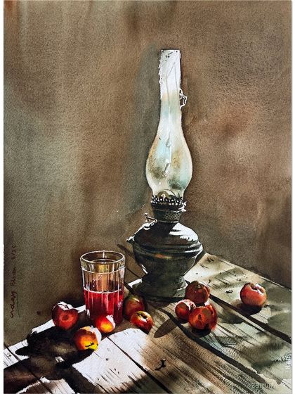A still life featuring an old lantern, a glass of juice, and apples. This piece is a study in how light falls across different surfaces, from the glass of the lantern to the wood of the table.