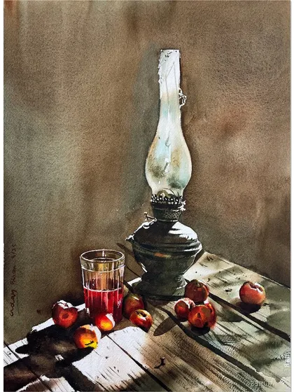 The completed lantern still life, showing the beautiful contrast between the warm light on the table and the cool shadows.
