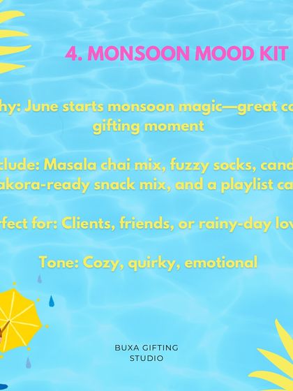 A "Monsoon Mood Kit" idea for June, featuring masala chai mix, fuzzy socks, and a pakora-ready snack mix.
