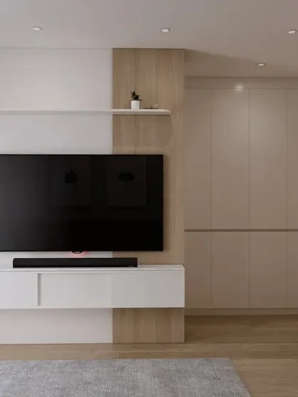 The full view of the TV and wardrobe wall, showing how seamlessly the storage is integrated into the room's design.