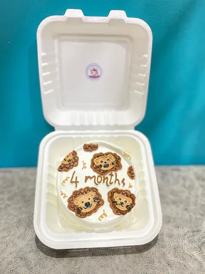 A clear, bright shot of our lion-themed bento cake against a blue background, highlighting the cute, hand-piped lion faces.