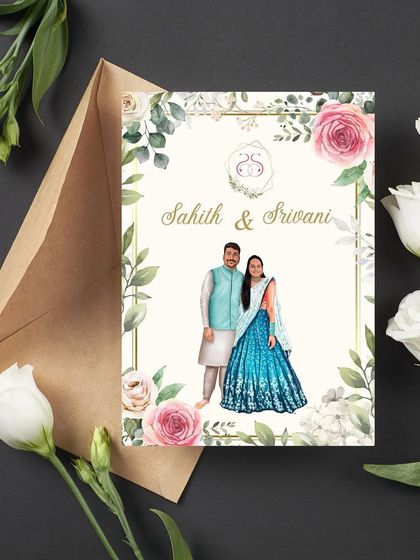 The full couple illustration for Sahith and Srivani's engagement invitation. The artwork captures their outfits and personalities, making the invitation incredibly personal and special.