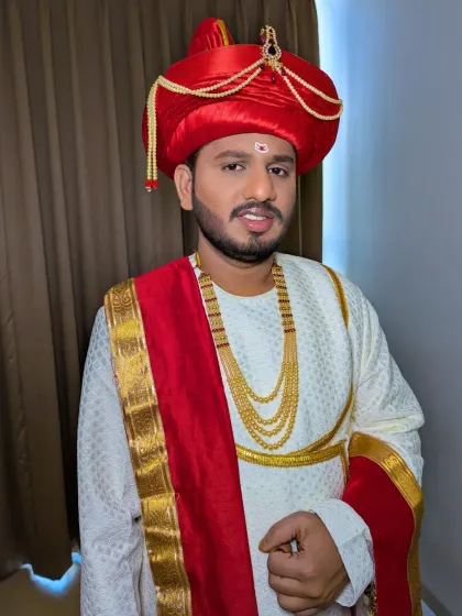 A polished and confident groom in his full Maharashtrian wedding attire. My makeup service ensures a long-lasting, fresh look throughout the ceremonies.