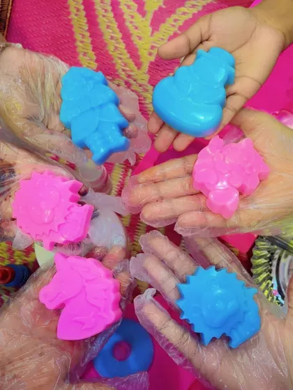 A handful of happiness from one of my soap-making workshops for kids. They were so excited to create their own colorful soaps in fun shapes like unicorns and dinosaurs.