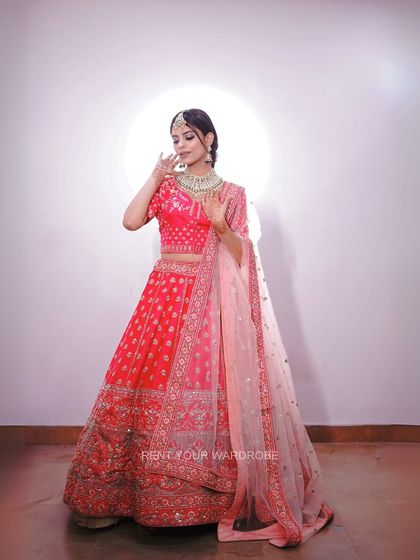 Another angle of our beautiful pink lehenga, showing how it drapes and flows. Perfect for creating a variety of poses for your portfolio.