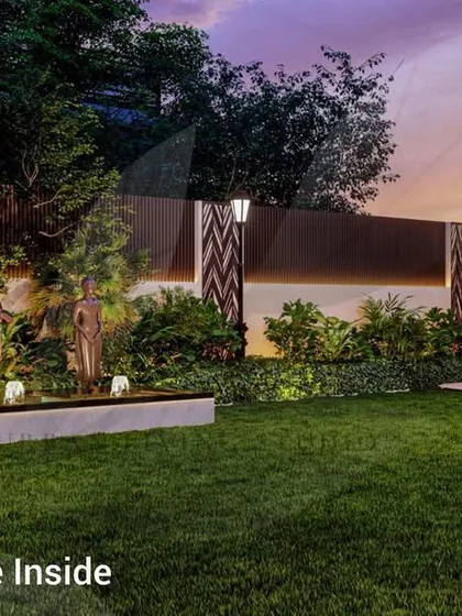City outside, peace inside. This design for a large property in Sainik Farms creates a private sanctuary with a large lawn, a water feature with beautiful sculptures, and a perimeter of dense greenery for privacy.