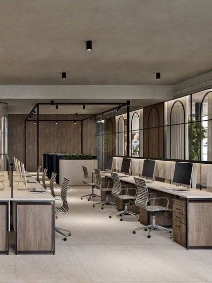 An open and collaborative workspace is key to a modern office. This render shows how we design ergonomic workstation layouts that feel light and practical for daily use, with glass partitions and wood tones to maintain an airy, connected atmosphere.