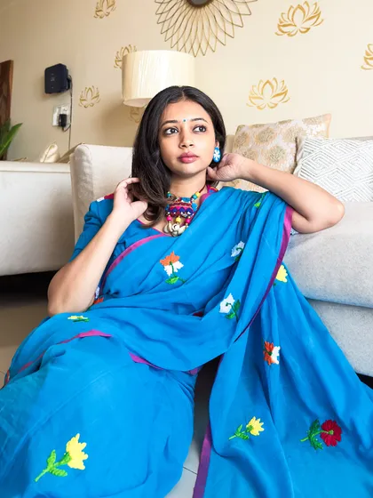 Why wait for an occasion to wear a saree? This beautiful blue mul cotton saree with hand embroidery is perfect for a casual day out. I believe a saree unlocks an unmatched feminine side and is a true reflection of personal style.