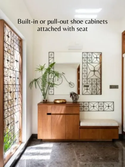 To solve the problem of scattered shoes at the entrance, we designed this built-in shoe cabinet with an attached seat. It's a practical and elegant solution for any Indian home.
