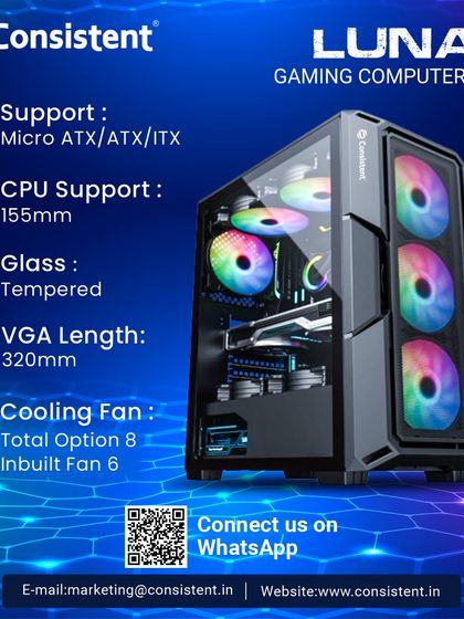 The Lunar gaming case is engineered for superior cooling with six pre-installed fans and options for up to eight. It supports large components, including VGA cards up to 320mm, and features a tempered glass side panel to showcase your full ATX, Micro ATX, or ITX build.