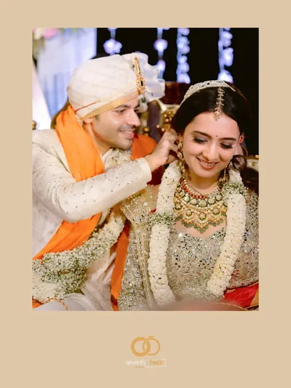 A beautifully framed portrait of the couple after their wedding ceremony, a moment of quiet celebration and love.