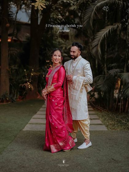 A portrait of the couple in a lush garden, with the promise to "cherish you forever," capturing the romance of their wedding day.