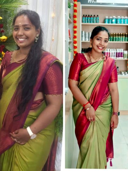 This is a before and after photo of our dedicated staff member, Kavya. She achieved a 6 kg weight reduction in just two months by incorporating our weight loss powder into her daily routine.