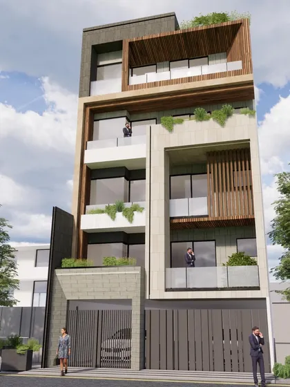 Another perspective of the linear facade design, showing its relationship to the street and neighboring structures. The design maintains a sense of privacy while allowing for ample light and views.