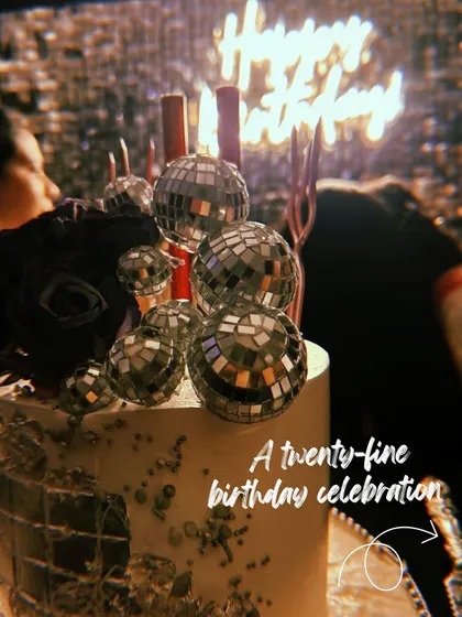 The "twenty-fine" birthday cake, complete with disco balls, perfectly matching the party's theme. Our food is designed to be part of the overall aesthetic.