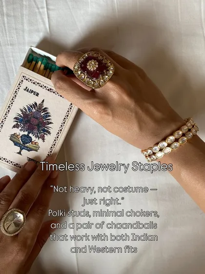 Jewelry for your trousseau should be timeless, not costume. We curate staples like polki studs, minimal chokers, and a pair of classic chandbalis that work beautifully with both Indian and Western outfits.