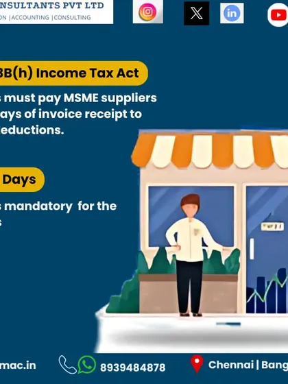 A crucial rule for businesses working with MSME suppliers is Section 43B(h) of the Income Tax Act. You must pay your MSME suppliers within 45 days to claim the expense as a tax deduction. I help my clients track these payments to ensure they remain compliant and don't lose out on valid deductions.