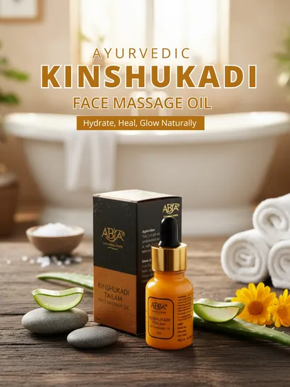 My Ayurvedic Kinshukadi Face Massage Oil, pictured in a serene bathroom setting, is designed to hydrate, heal, and help you glow naturally.
